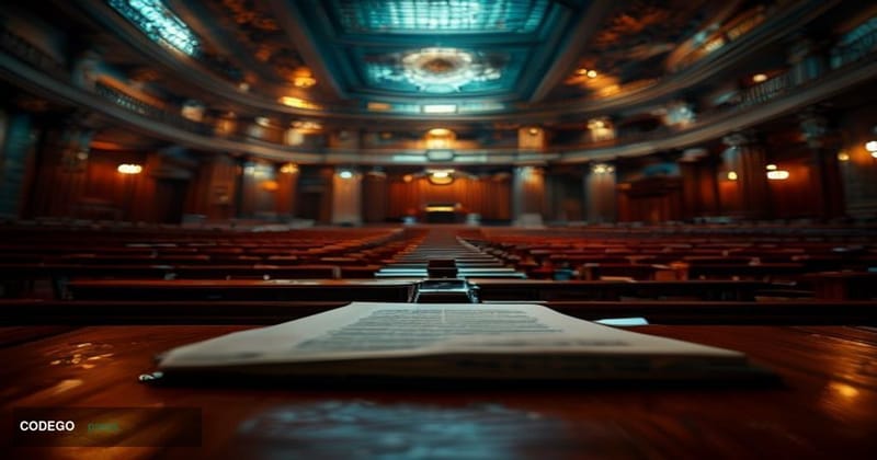 A dramatic wide-angle photorealistic photograph of the United States Senate chamber interior, shot from a low angle looking t