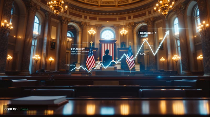 A cinematic editorial photograph set inside a grand, marble-columned United States Senate chamber interior, shot from a low a