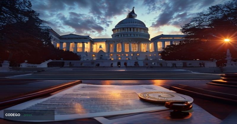 A wide-angle cinematic shot of the United States Capitol building in Washington D.C. at dusk, with warm amber light fading be