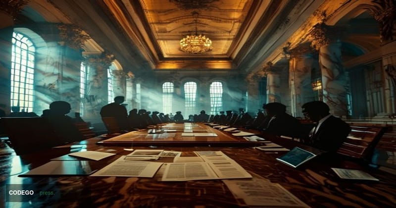 A cinematic photorealistic editorial photograph set inside a grand neoclassical legislative chamber in Washington D.C., with 