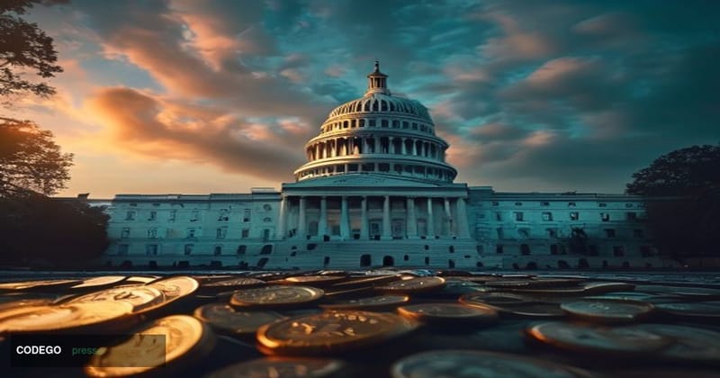 A photorealistic cinematic editorial photograph of the United States Capitol building in Washington D.C. at dusk, shot from a