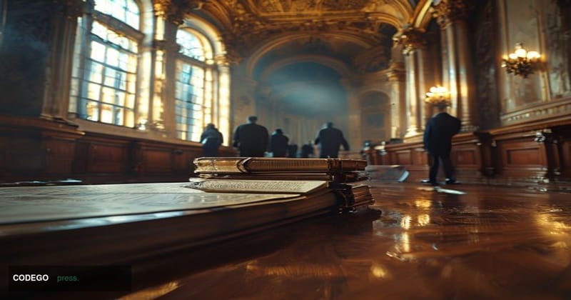 A wide-angle cinematic shot inside a grand United States Senate chamber corridor, shot from a low angle looking up toward the