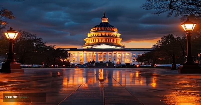 A wide-angle cinematic shot of the United States Capitol building in Washington D.C. at dusk, photographed from the west fron
