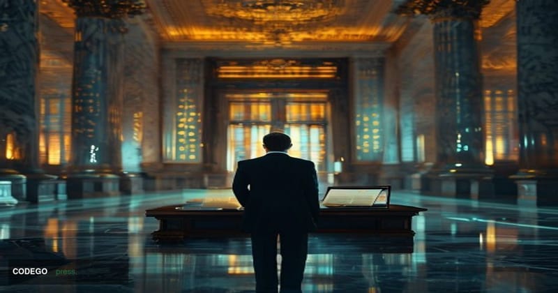 A dramatic cinematic editorial photograph set inside a grand U.S. Senate chamber corridor, marble columns and gilded architec
