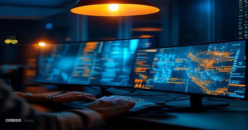 A cinematic editorial photograph depicting a dimly lit developer's workstation in a modern tech office, with two ultra-sharp 