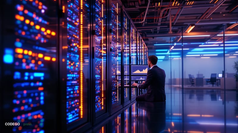 A dramatic cinematic editorial photograph set inside a sleek, dimly lit artificial intelligence research facility, rendered i