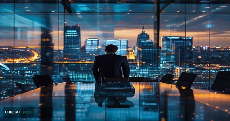 A cinematic editorial photograph set inside a modern financial technology headquarters in London, with floor-to-ceiling glass