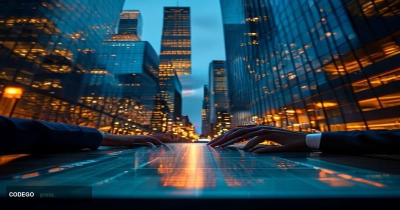 A wide-angle cinematic editorial photograph of the CME Group headquarters in downtown Chicago, captured at dusk with dramatic