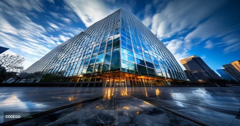 A photorealistic editorial photograph shot from a low angle looking up at the iconic CME Group headquarters tower in downtown