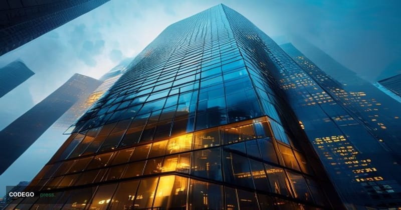 A dramatic photorealistic editorial photograph shot from a low angle looking up at the CME Group headquarters building in dow