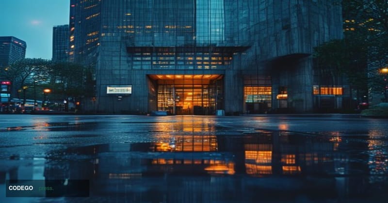 A cinematic editorial photograph of the CME Group headquarters in Chicago, Illinois — the iconic brutalist trading tower at 2