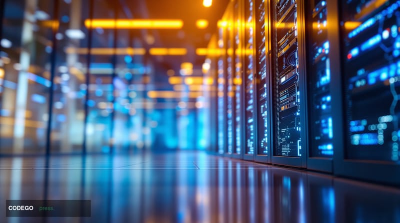 A photorealistic editorial photograph of a sleek, modern European corporate data center interior, shot from a low-angle persp