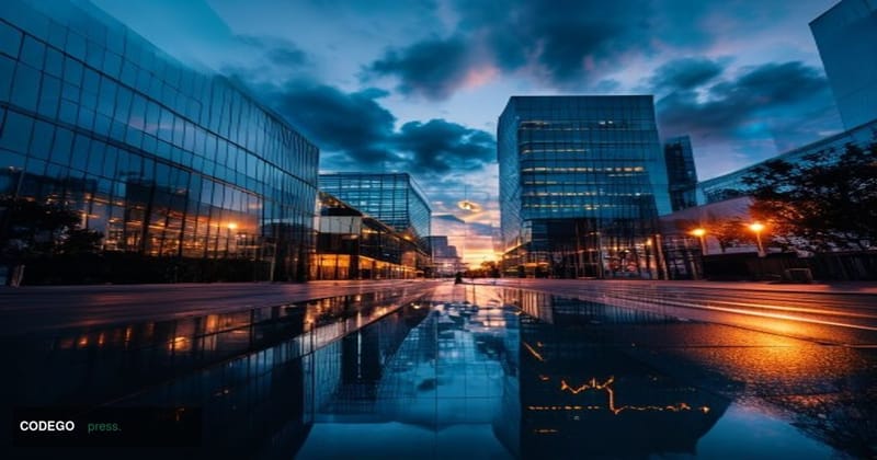 A dramatic low-angle shot of the Coinbase Global headquarters building in San Francisco's financial district, photographed at