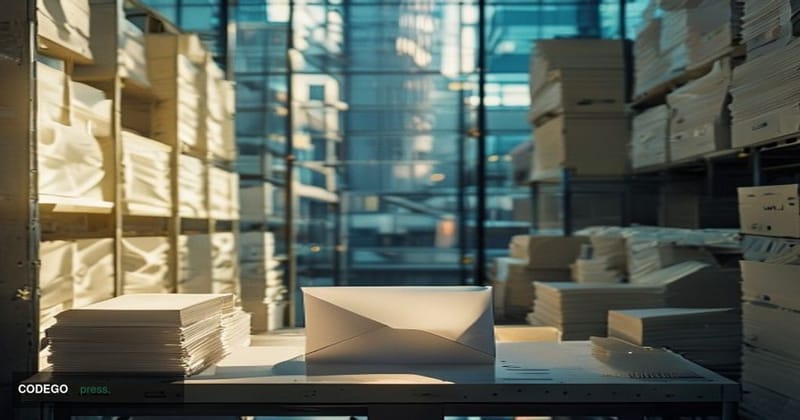 A cinematic editorial photograph set inside a large corporate mail room, where towering stacks of white envelopes and printed