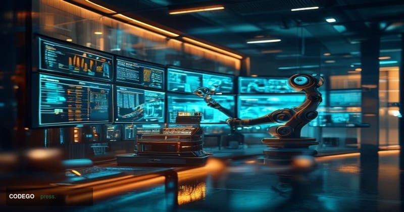 A cinematic editorial photograph set inside a sleek, near-future financial technology operations center, with large curved mo