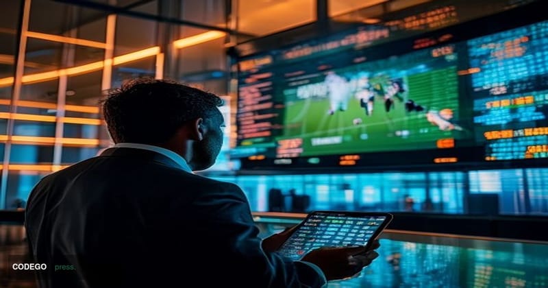 A dramatic cinematic editorial photograph centered on a large trading floor screen displaying a glitching, distorted football