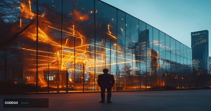A cinematic editorial photograph set outside the Coinbase headquarters in San Francisco's financial district, late afternoon 