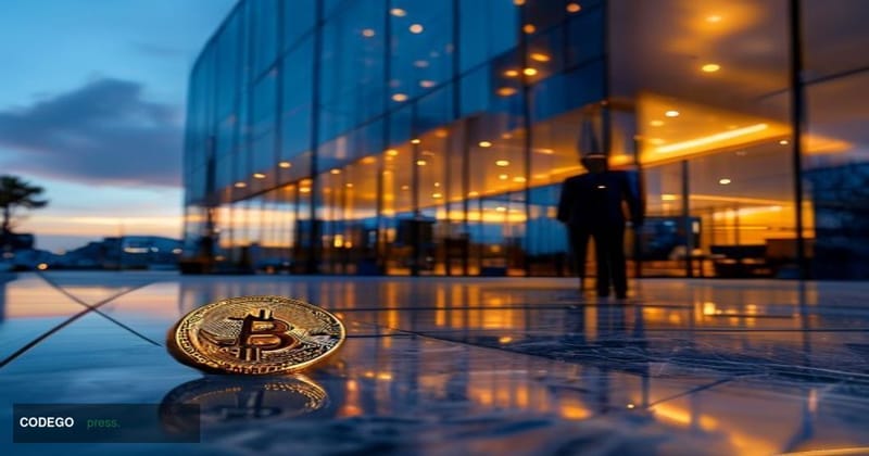 A cinematic editorial photograph set outside the Coinbase headquarters in San Francisco, California, at dusk with dramatic am