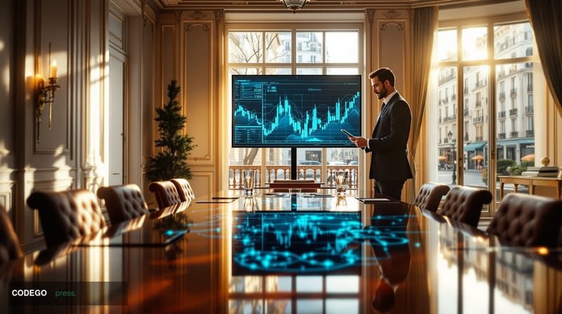 A cinematic editorial photograph set inside a grand, sunlit European family office boardroom — high ceilings with ornate mold