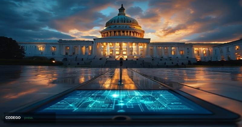 Photorealistic editorial photograph of the United States Capitol building in Washington D.C. shot at dusk from a low-angle pe