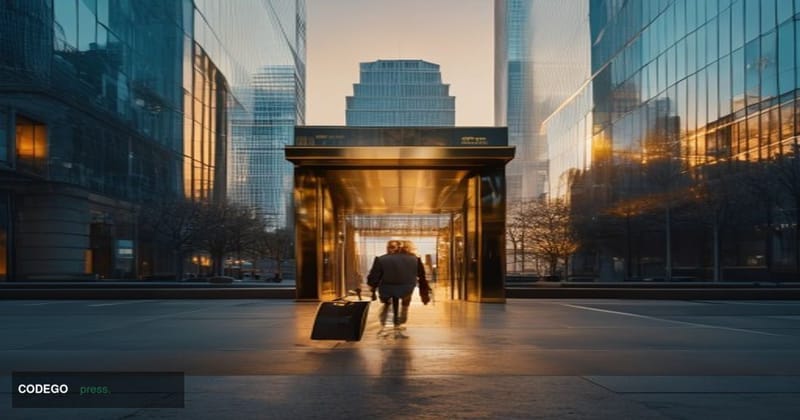 A photorealistic editorial photograph taken at street level outside Coinbase's London office entrance in Canary Wharf, late a