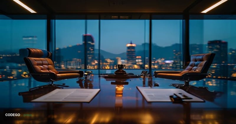 A dramatic split-scene editorial photograph set in a sleek corporate boardroom environment, shot from a low angle looking up 