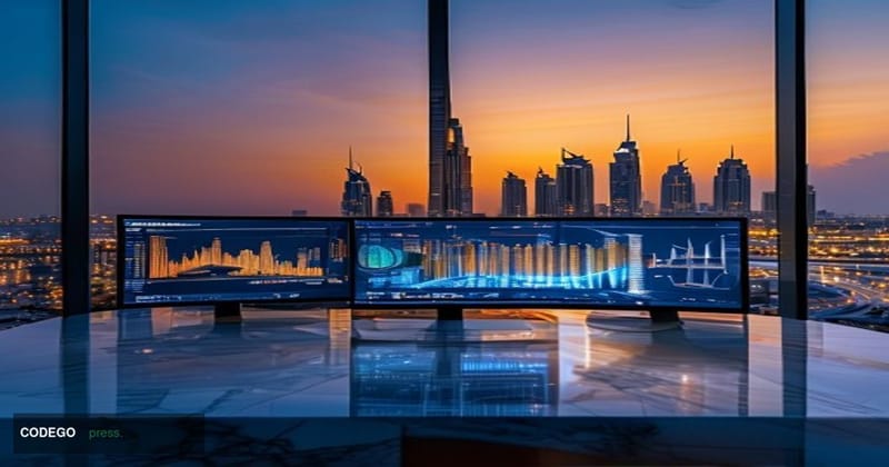 A cinematic editorial photograph set at the intersection of Abu Dhabi's gleaming financial district and the digital asset wor