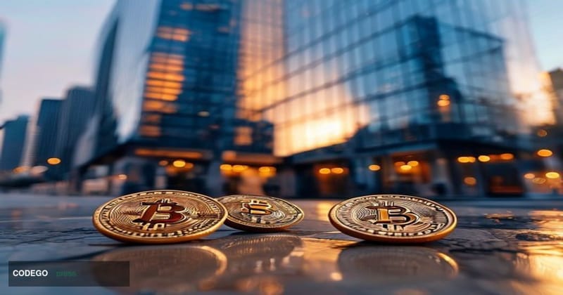 A cinematic editorial photograph taken at low angle looking up at the Coinbase headquarters building in San Francisco's finan