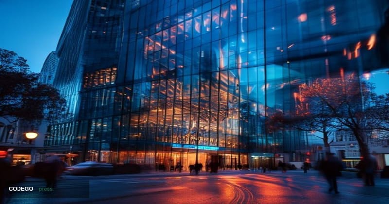 A cinematic editorial photograph centered on the Coinbase headquarters building exterior in San Francisco's financial distric