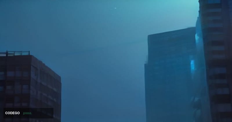A dramatic cinematic editorial photograph shot from street level looking up at the Coinbase headquarters building in San Fran