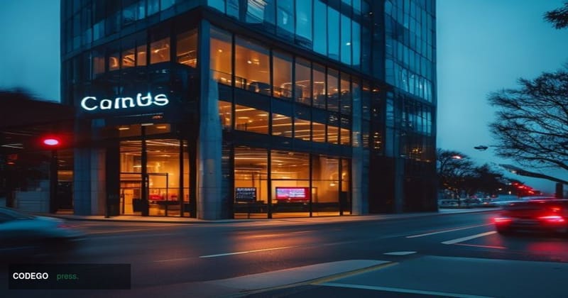 A dramatic exterior shot of a modern San Francisco tech office building at dusk, representing Coinbase's corporate headquarte