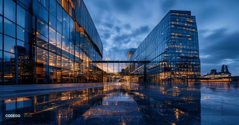 Photorealistic editorial photograph of the iconic Coinbase corporate branding displayed on a modern glass-facade office build