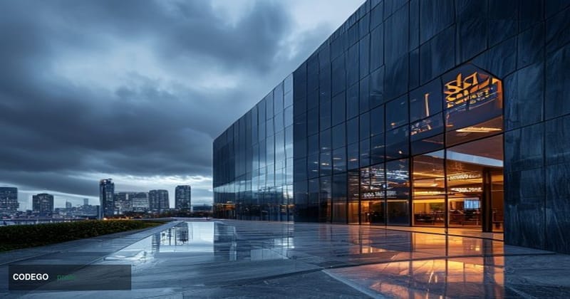 A cinematic editorial photograph set outside the Coinbase headquarters in San Francisco, California, shot from a low-angle pe