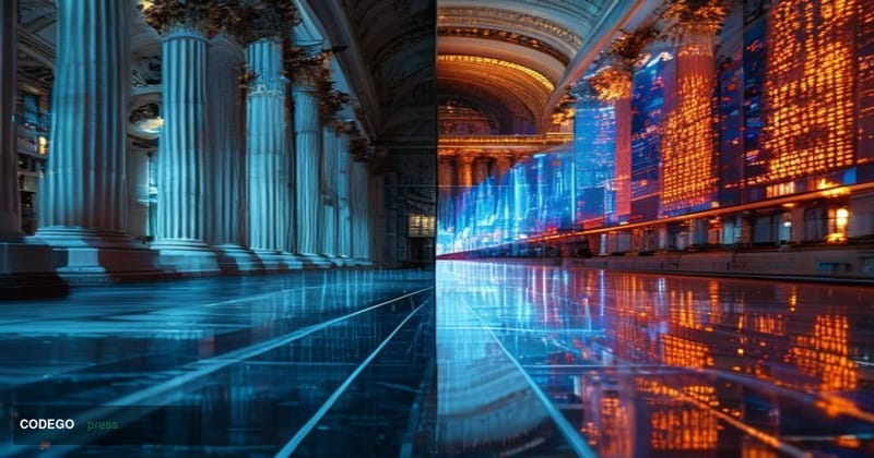 A dramatic split-composition editorial photograph set inside a grand U.S. Senate chamber on the left side, marble columns and
