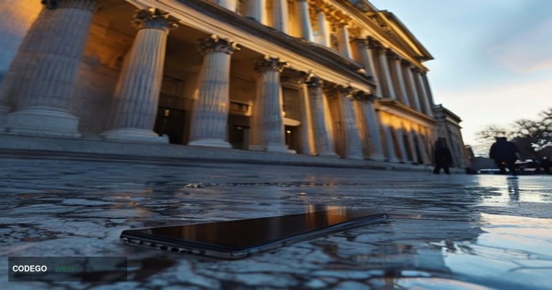A cinematic editorial photograph set outside the imposing neoclassical facade of the U.S. Securities and Exchange Commission 
