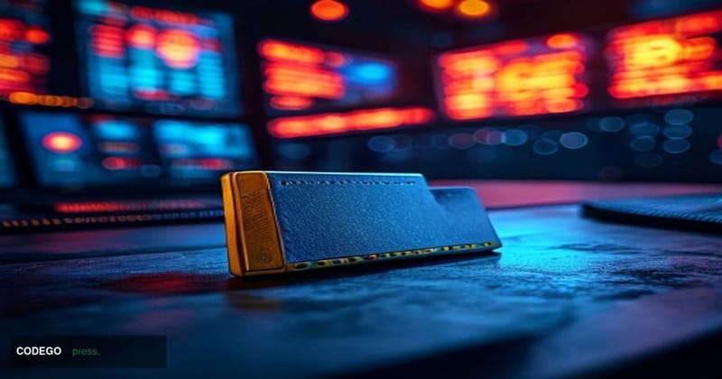 A cinematic editorial photograph of a physical Coldcard hardware wallet device resting on a dark matte surface, dramatically 
