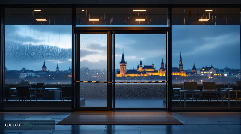 A cinematic editorial photograph of a shuttered financial technology office in Tallinn, Estonia, with the distinctive medieva