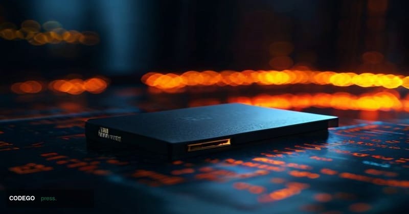 A cinematic editorial photograph of a physical Coldcard hardware wallet — its black rectangular form and orange branding visi