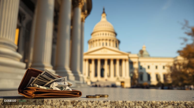 A dramatic cinematic editorial photograph shot from a low angle looking up at the imposing neoclassical stone facade of the U