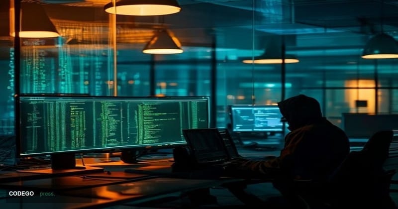 A dramatic cinematic editorial photograph set in a dimly lit, high-security software development environment. The foreground 