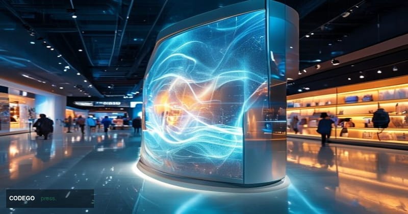 A cinematic editorial photograph set inside a modern retail flagship store — sleek white shelving, premium product displays g