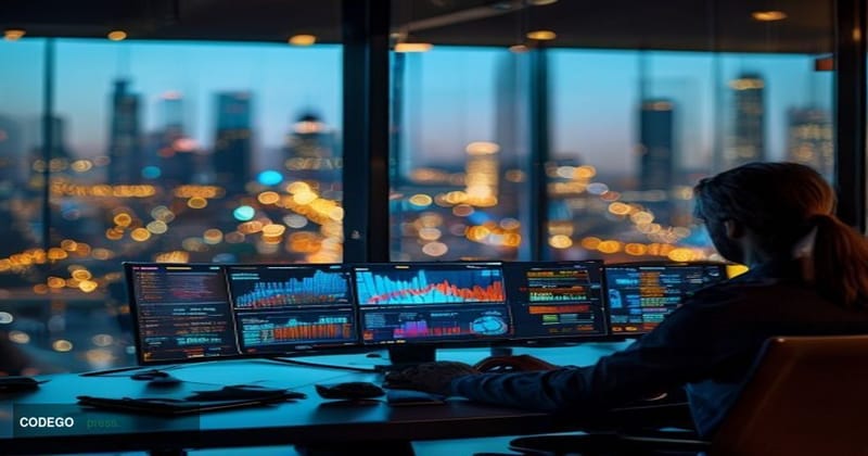 A cinematic editorial photograph set inside a sleek, modern financial technology workspace — the foreground dominated by a la