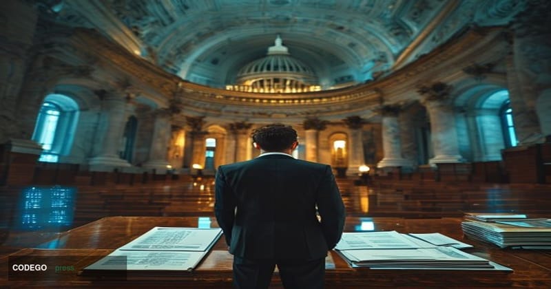 A photorealistic editorial photograph set inside the grand marble-columned hall of the U.S. Senate building in Washington D.C