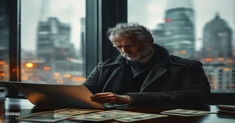 A cinematic editorial photograph set in the financial district of London, with the iconic glass towers of Canary Wharf visibl