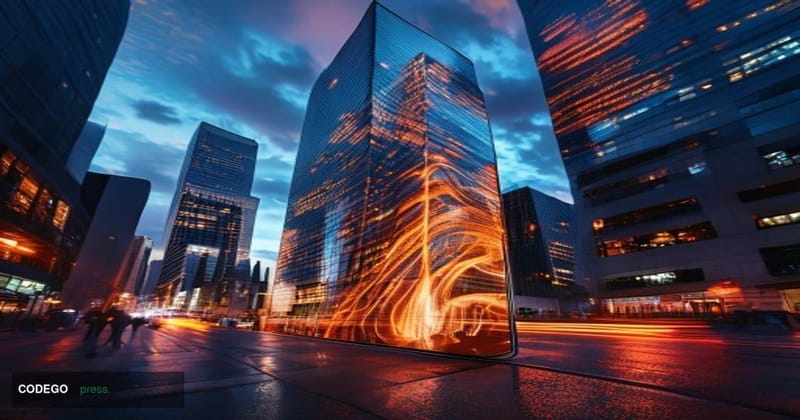 A photorealistic cinematic editorial photograph depicting a sleek glass-and-steel modern bank building at dusk, with warm amb