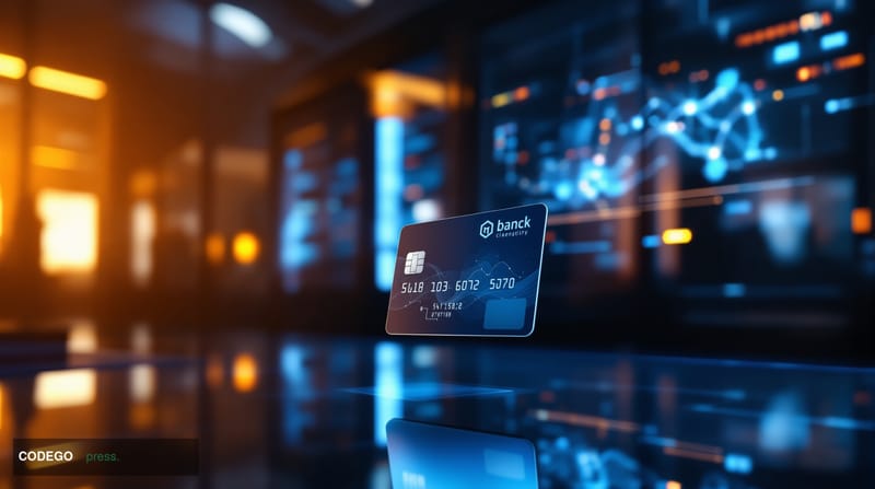 A cinematic editorial photograph set inside a sleek, modern fintech operations center with dual large curved screens displayi