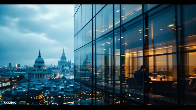 A dramatic cinematic editorial photograph set in the City of London financial district, with the iconic dome of St. Paul's Ca