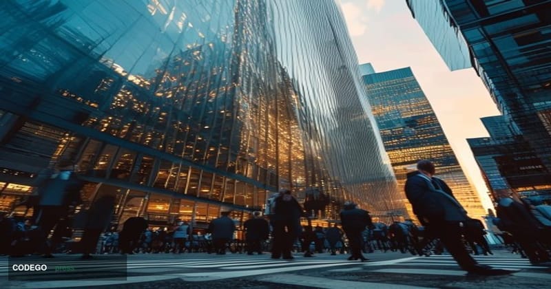 A dramatic cinematic editorial photograph taken at street level looking up at a gleaming glass-and-steel financial district s