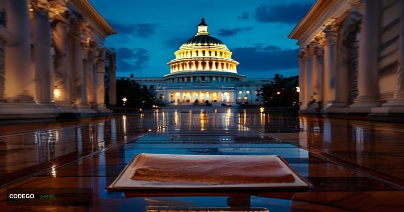 A dramatic wide-angle shot of the United States Capitol building in Washington D.C. at dusk, its white neoclassical dome illu