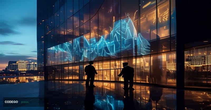 A dramatic cinematic editorial photograph set outside a glass-and-steel financial district skyscraper at dusk, the facade ref